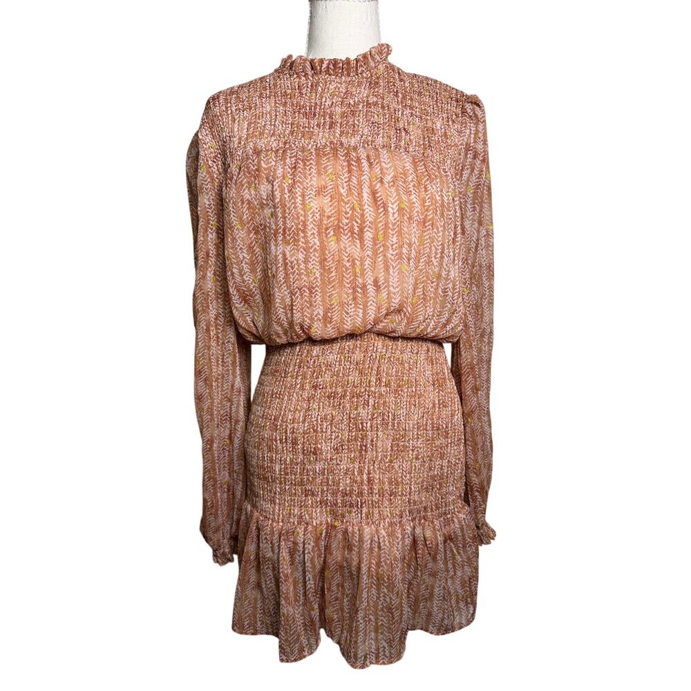 AQUA Smocked Waist Ruffle Mini Dress Metallic Gold Blush Pink M